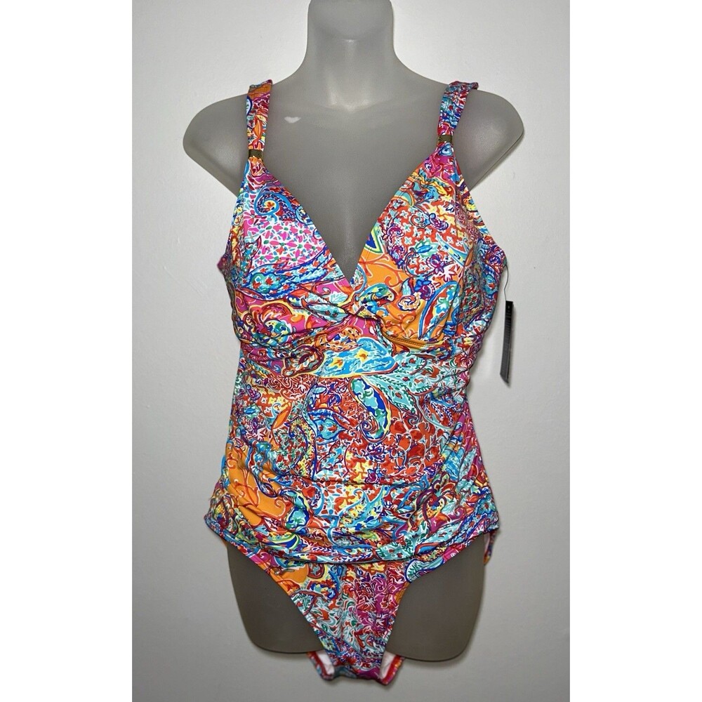 Lauren Ralph Lauren Amara Paisley One Piece Swimsuit Surplice Ruched Pink Sz 14